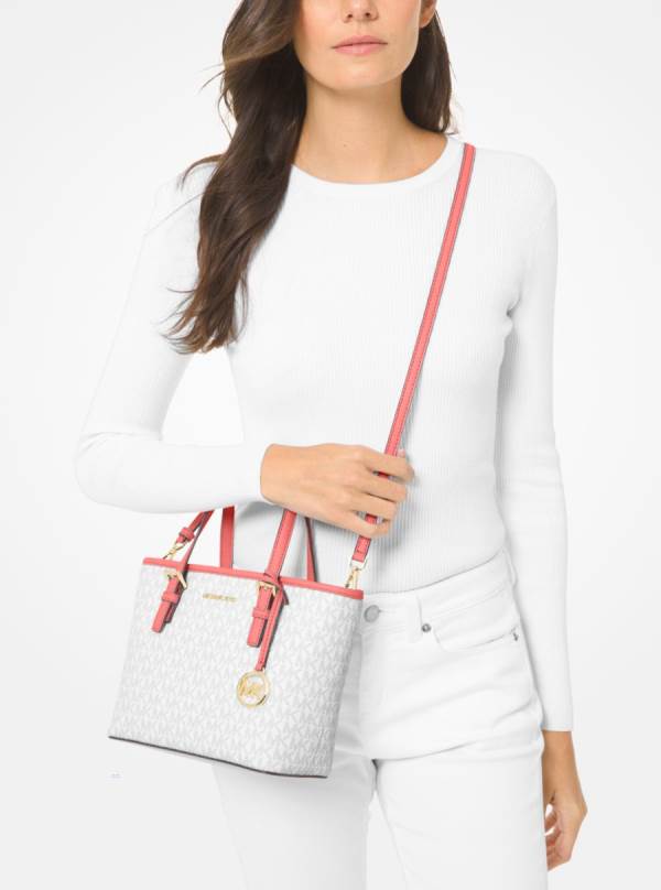 Damske Prenosná Taška Michael Kors Jet Set Travel Extra-Small Logo Top-Zip Biele Ruzove - Kabelky Michael Kors Levně | ZFRJU-1943